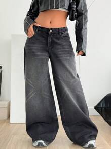 EURMUSE Pantalón vaquero negro con cinturón elástico y estilo Y2K tiro bajo - Negro - Ver 4