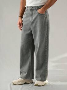 Manfinity Hypemode Men's Light Grey Baggy Jeans, Relaxed Fit Wide Leg Pants - Light Grey - View 4