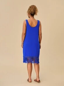 Travachic 大码夏季度假无袖拼布流苏针织蓝色连衣裙 - 藍色 - 查看 2