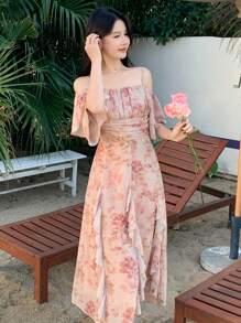 DAZY Vestido midi con estampado floral, mangas largas sin mangas y volantes en el bajo para mujeres