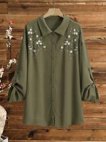 Lacomfia Plus Size Embroidery Loose Long Sleeve Lapel Shirt And High Waisted Wide Leg Straight Pants 2 Pieces Suit Set