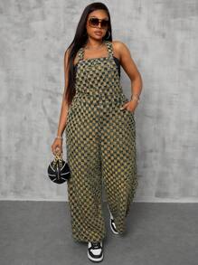 SHEIN SXY Plus Size Simple Denim Overalls, Casual Everyday Wear - Medium Wash - View 3