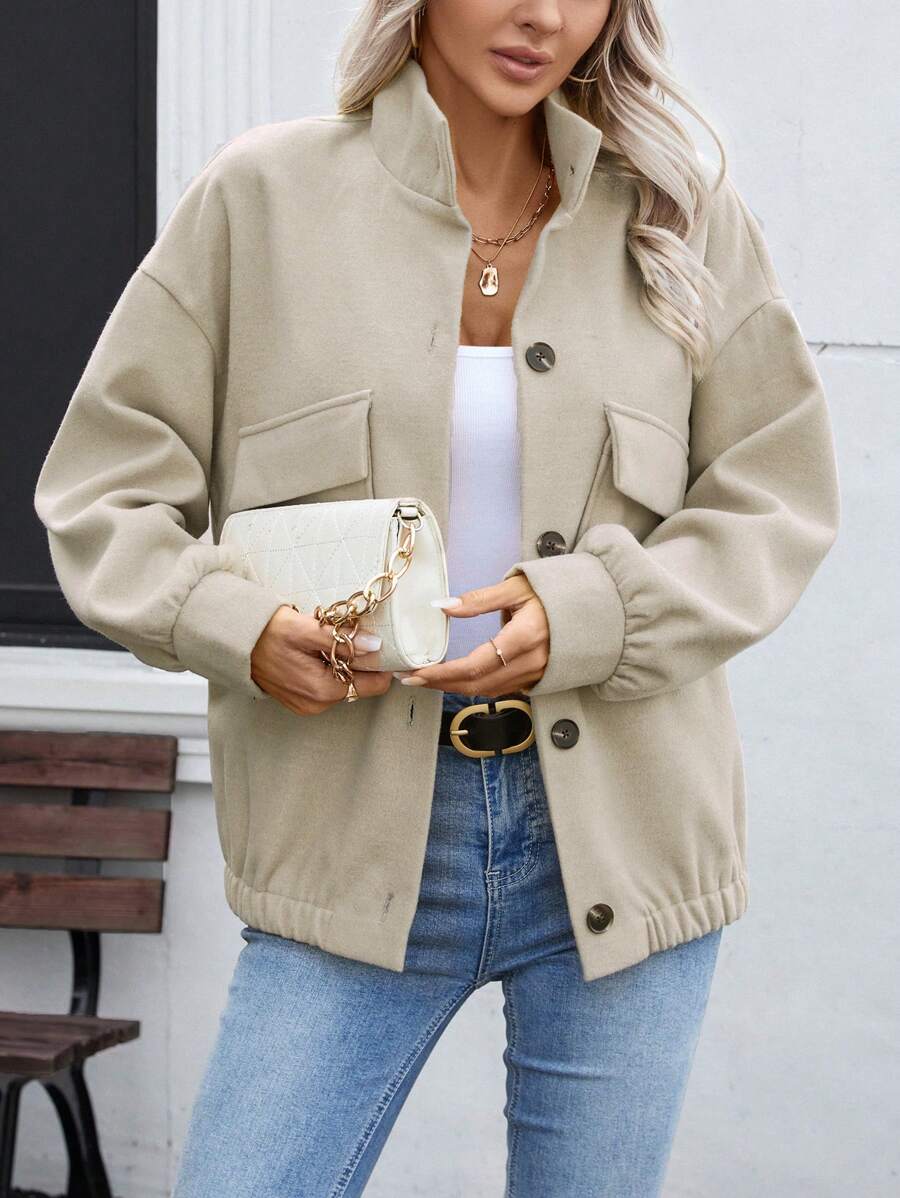 INAWLY New Korean Retro Loose Casual Stand Collar Double-Sided Lady Regular Jacket, Autumn/Winter - Beige - View 1