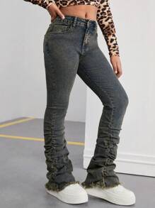 SHEIN Quần ống loe xếp ly màu xanh dương vintage kiểu Y2K dành cho bé gái, phong cách đường phố mùa thu. - Rửa tối - Xem 4