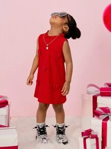 Gaun Pendek Sederhana Tanpa Lengan dengan Pinggiran Berkerut Warna Polos untuk Bayi Perempuan - Merah - View 3