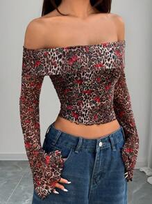 SHEIN EZwear Leopard Print Mesh Off Shoulder Casual Top For Women, Minimalist Fashion, Suitable For Daily Wear