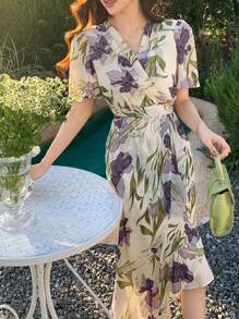 DAZY Robe midi élégante pour femmes à imprimé floral omniprésent enveloppante, pour l'été