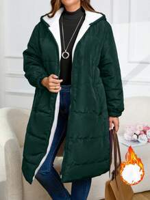 Plus Size Front Zipper Long Sleeve Pocket Minimalist Hooded Winter Clothes Jacket