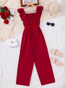 Fashionable Elegant Tie Waist Ruffle Jumpsuit For Teen Girl, Versatile, Suitable For Party Wear, Spring/Summer