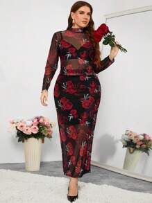 SHEIN Clasi 2 stuks elegante rozenprint plus size set: 1 net mesh top & 1 onderkant Valentijnsoutfit