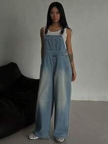 DAZY Women's Contrast Color Strap Loose Casual Wide Leg Denim Jumpsuit - Medium Wash - View 4