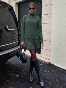 SHEIN PETITE 2pcs Set Gray Turtleneck Loose Comfortable Long Sleeve - Green - View 7