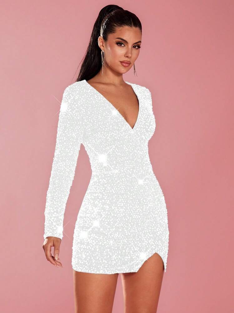 White Sequin Bodycon Dress V Neck SHEIN Glamour Deep V-Neck Sequin Mini  Dress, Solid Color