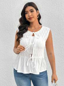 SHEIN Frenchy المرأة ذات الحجم الكبير ملابس علوية أساسي أبيض مع نسيج منسوج، تصميم أربطة فيونكة - أبيض - مشاهدة 6