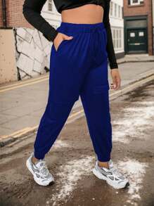 EMERY ROSE Solid Color Drawstring Waist Pocketed Casual Harem Pants Fall Cloth For Women - Royal Blue - View 3