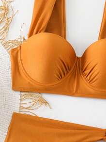 Conjunto de bikini de cintura alta con taza de acero de unicolor y torsión para mujer, para el verano
