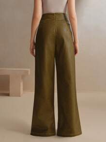 Anewsta Vintage Distressed Wide Leg PU Leather Pocket Pants, Business Casual Women For Spring/Summer - Army Green - View 2
