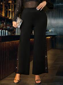 Gownix Curvy Plus Size Women Fashion Party Sparkling Rhinestone Mesh High Stretch Flared Pants For Guest Party Dance, And Nova Feminine, And Nova Groups, Look And Nova, Festivals Women, New Years Eve - Black - View 4