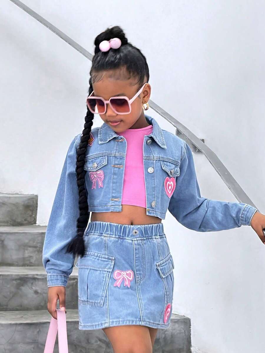 SHEIN Tween Girls Embroidered Patch Bomber Jacket & Denim Skirt 2 Pieces Set, Pre- - Light Wash - View 1