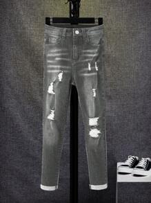 SHEIN Tween Boy' Front Button Pocket Distressed Casual Denim Jeans - Grey - View 3