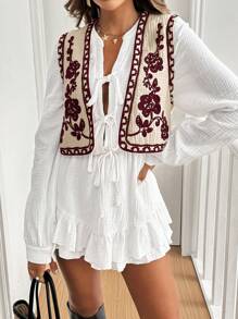 SHEIN Frenchy Women Rodeo Floral Pattern Button-Front Vest Jacket, Autumn/Winter Christmas Flower Red New Year Vacation Burgundy Casual Spring Valentine's Day - Burgundy - View 4