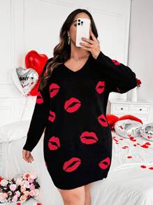 Flirla Oversized Romantic Valentine's Day Red Lips Print V-Neck Long Sleeve Sweater Dress - Black - View 7