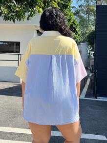 SHEIN EZwear Plus Letter Patched Colourblock Drop Shoulder Shirt & Shorts - Multicolor - View 2