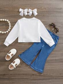 SHEIN Tween Girls' Loose Fit Casual Minimalist Comfy Round Neck Leopard & Letter Print Hoodie And Flared Pants 2 Pieces Set - Blue - View 11