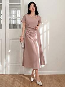 DAZY Đầm dài trơn khoét lỗ, xếp ly, viền ren cho nữ, đầm maxi. - Hồng - Xem 5