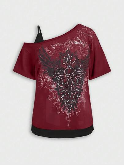 Grunge Punk Women's Dark Punk Wing Pattern Print Rhinestone Slash Neck Loose 2 In 1 T-Shirt