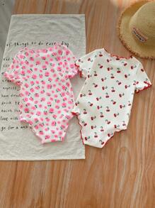 SHEIN LMoss Kids LMoss 2件套新生女宝宝夏季可爱碎花卡通印花针织弹力按扣短袖连体衣套装 - 粉色 - 查看 2