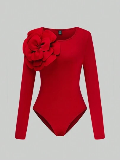 Xyvia 1 件女士圆领花卉装饰优雅修身紧身衣