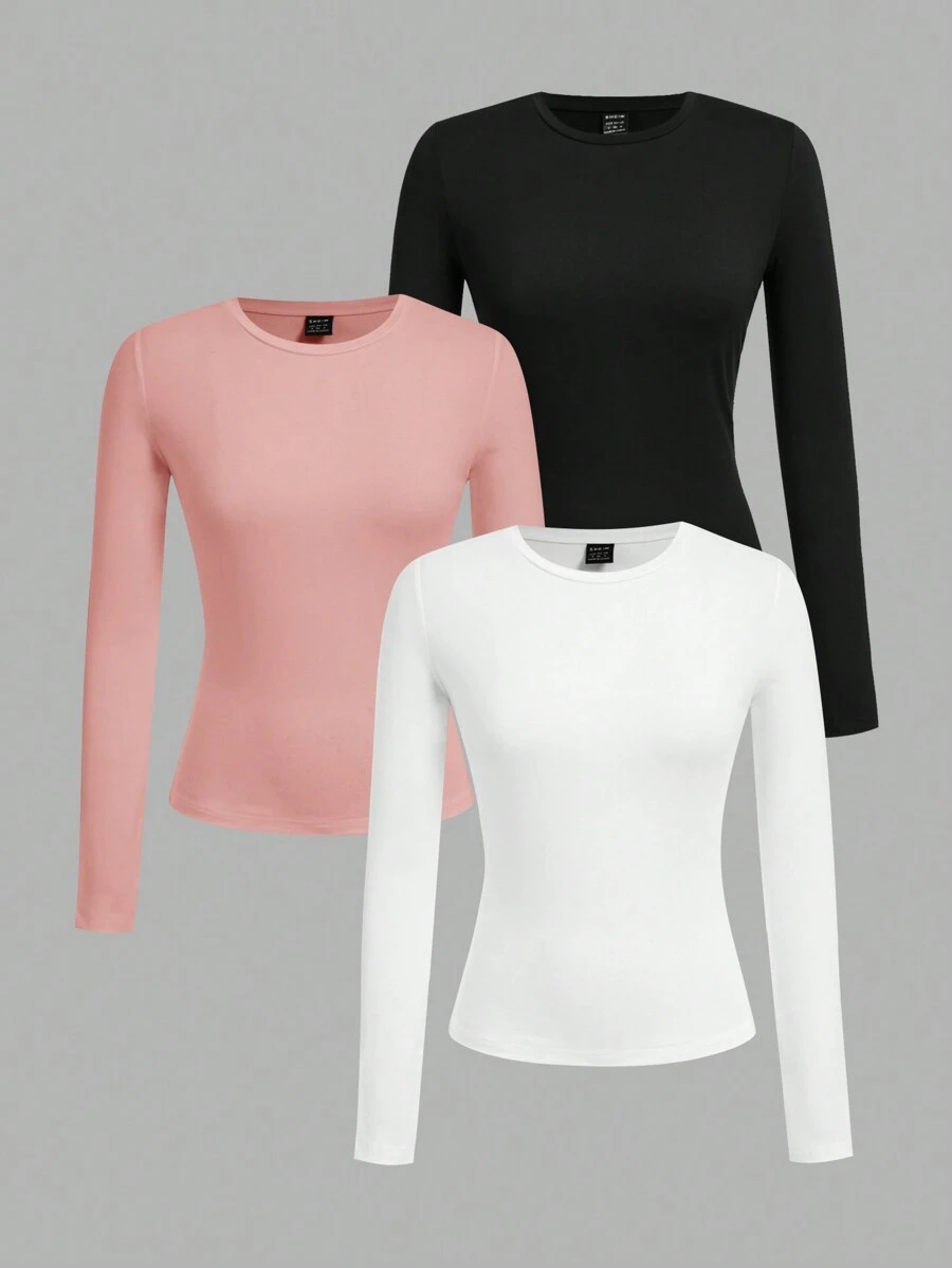 SHEIN EZwear 3 قطع / مجموعة قمصان نسائية ذات رقبة طاقم بتصميم مناسب للربيع/الخريف، سادة باللون الأسود والأبيض والوردي - متعدد الألوان - مشاهدة 1