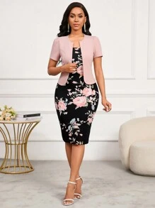 SHEIN Lady 优雅浪漫印花两件套粉色夹克搭配黑色印花连衣裙 - 彩色 - 查看 5