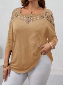 EMERY ROSE Große Größen Damen Lehrerin Kleidung Locker Sitzende Mesh-Kontrast 3/4 Ärmel T-Shirt, Frühling/Sommer