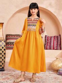 SHEIN Tween Girls Casual Vacation Geometric Print Sequin Tassel Lace Ruffle Flare Sleeve Mid-Length A-Line Dress, Loose Fit - Yellow - View 1