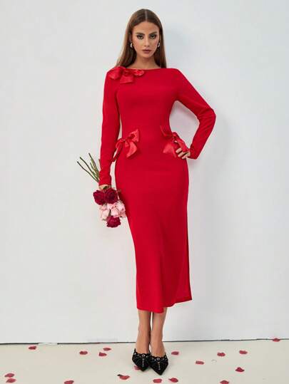 Chiquease Women's Solid Color Round Neck Long Sleeve Bow Decor Elegant Long Dress Fall Cloth For Women