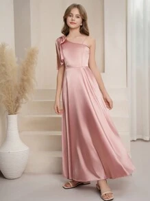 SHEIN Plus Size Girl's Satin Shiny Oversized Bow Decor One-Shoulder A-Line Long Dress, High-End Elegant Formal Gown Suitable For Wedding, Valentine's Day, Party, Prom - Pink - View 5