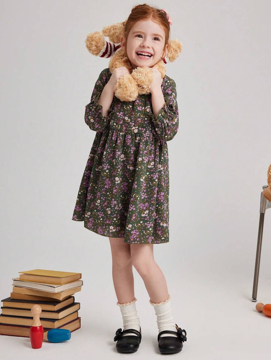 PrepCrw Young Girls Cute Floral Printed Collared A-Line Waisted Dress With Ruffle Hem, Suitable For Spring And Autumn - Multicolor - View 1