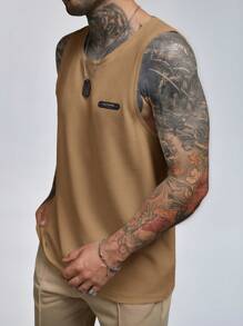Manfinity BRENVOR Men Casual Knitted Sleeveless Tank Top With Round Neckline And Letter Print For Summer - Khaki - View 1