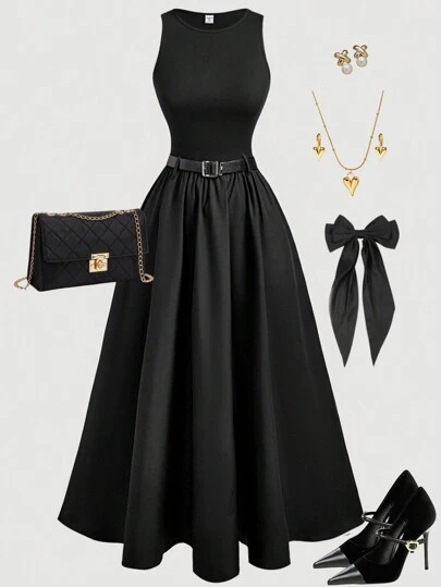 SHEIN Girlism Sleeveless Bodycon Party Dress For Teen Girls, Minimalist Black A-Line Long Dress For Gatherings