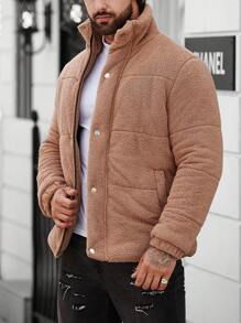 Manfinity Homme 宽松男士按扣前泰迪熊棉服外套，冬季外出外套，送给朋友、丈夫、男朋友的礼物，男士棕色泰迪熊夹克，男士冬季夹克，男士羽绒夹克 - 卡其色 - 查看 8