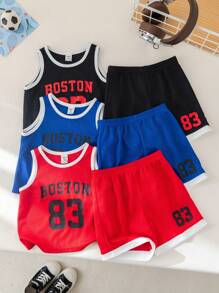 SHEIN Conjunto de 6 piezas de ropa deportiva casual adorable para bebé niño, incluye camiseta de tirantes con estampado de letras y pantalones cortos de cintura elástica, adecuado para el hogar, actividades al aire libre, deportes, y guardería