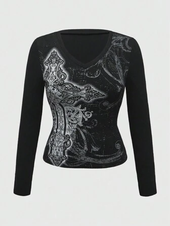 Goth Camiseta de manga larga informal de talla grande con cuello en V con cruz gótica