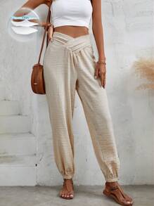 Breezaya Women's Solid Color Asymmetrical Waist Tied Slim-Fit Jogger Pants - Khaki - View 1