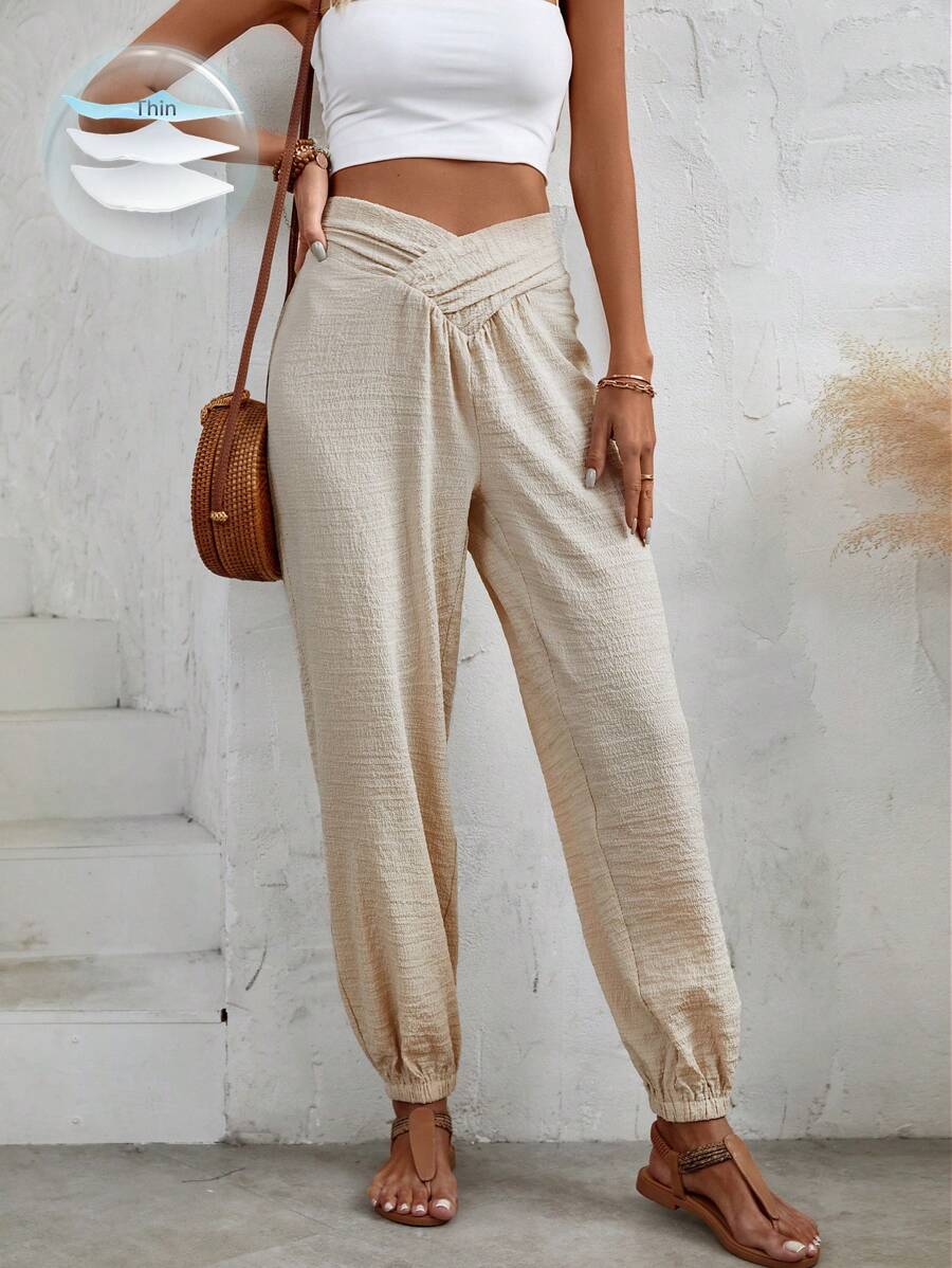 Breezaya Women's Solid Color Asymmetrical Waist Tied Slim-Fit Jogger Pants - Khaki - View 1