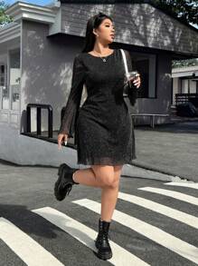 Muchica 女式加大码优雅圆领喇叭袖口亮片网眼拼接连衣裙