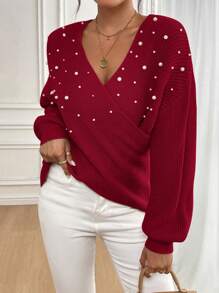 SHEIN Clasi Women's Front Overlapping Design Pearl Decoration V-Neck Sweater Pullover Sweater,Parties, Music Festivals, Home Wear, Back-To-School Events, Gifting, And Shopping.Sexy Women Tops,Winter Women Dress,Elegant Women Dresses,Going Out Tops,Off Shoulder,Sexy Women Outfits,Fall Sweaters