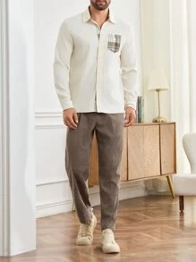 Manfinity Homme Men's Autumn Patchwork Plaid Long Sleeve Button Down Casual Shirt - White - View 3