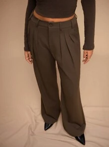 Forever 21 Brand New Winter High Waist Pleated Slim Straight Casual Loose Office Work Pants Women's Winter Trousers - Coffee Brown - View 3